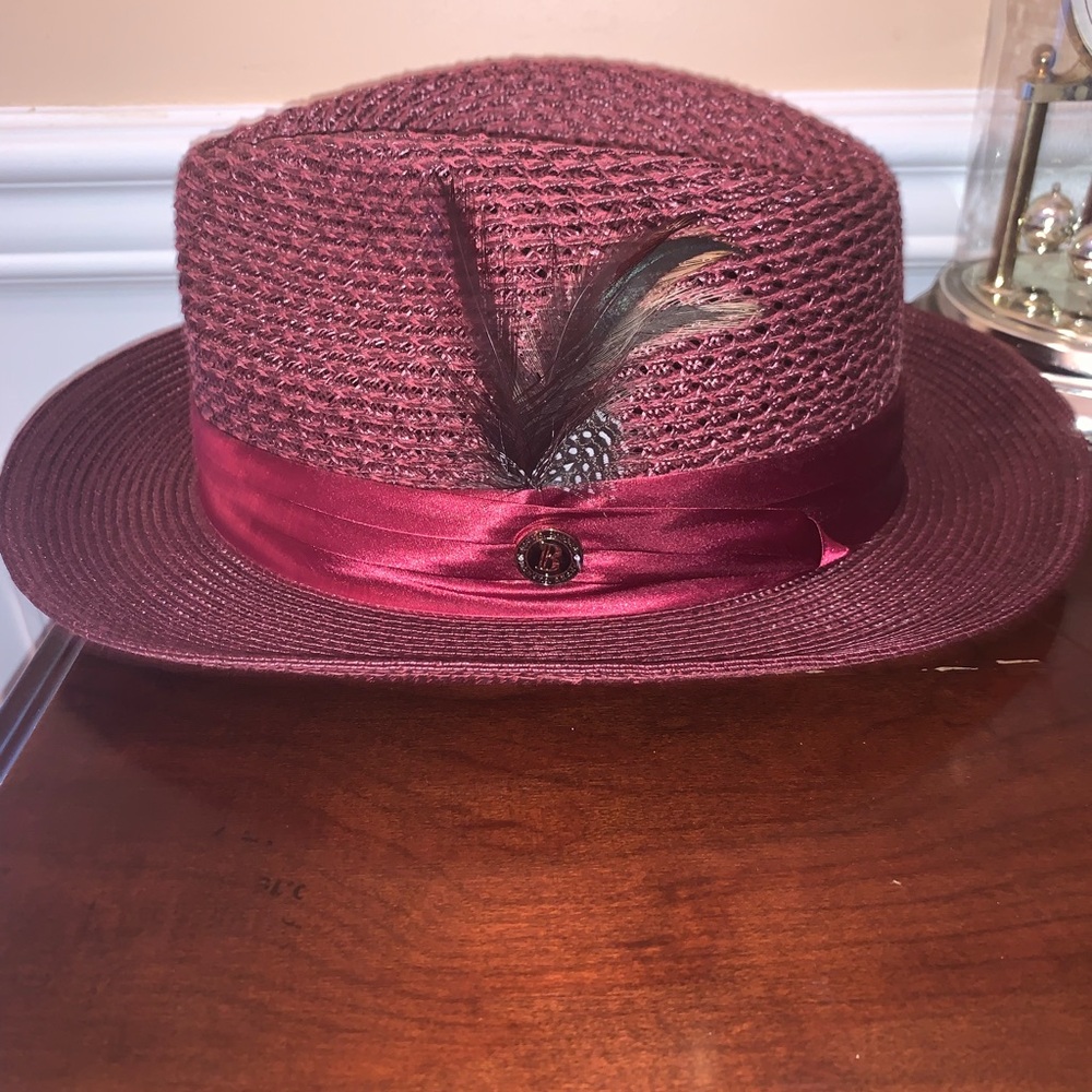 Men's Burgundy Straw Fedora Hat with Satin Band and Feather